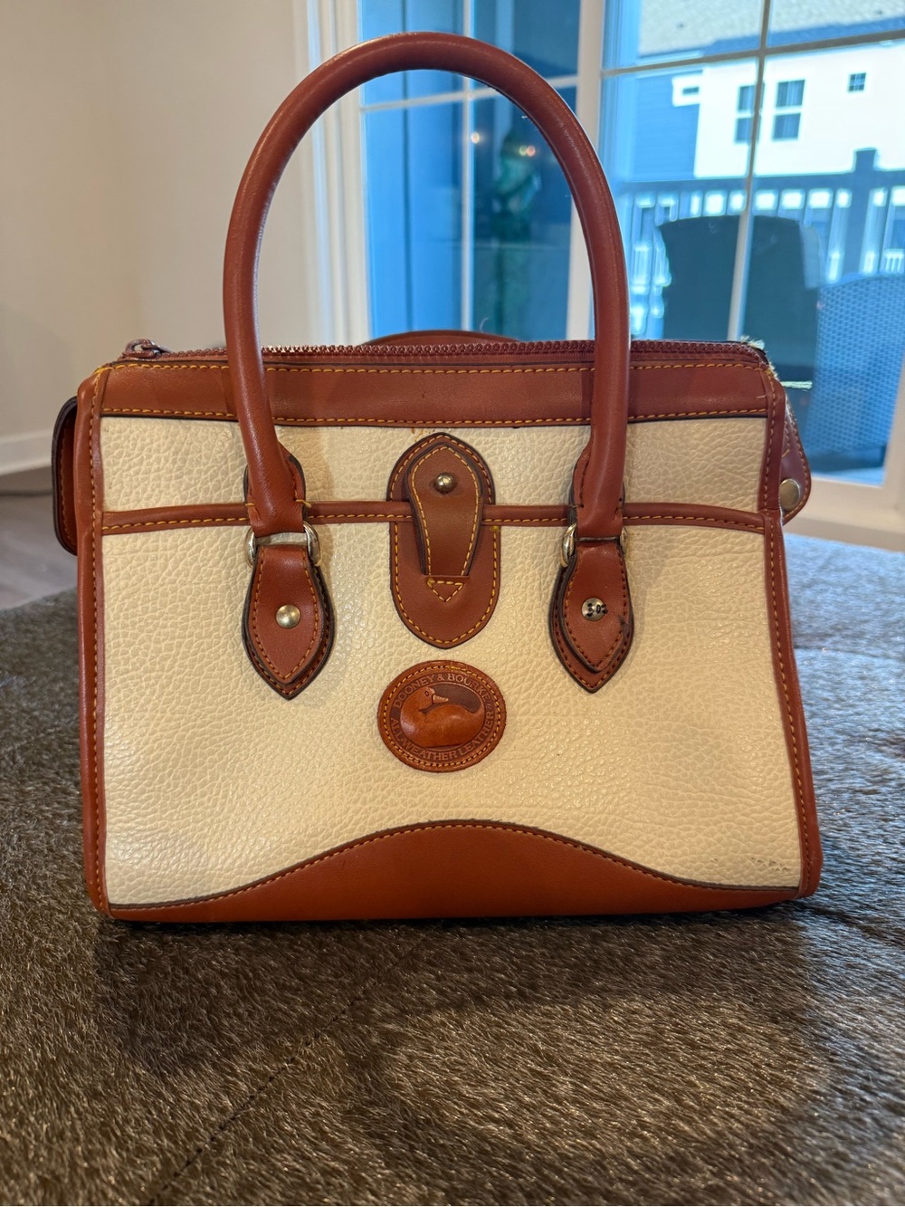 Dooney & Bourke Cream and Brown Pebble Leather Satchel